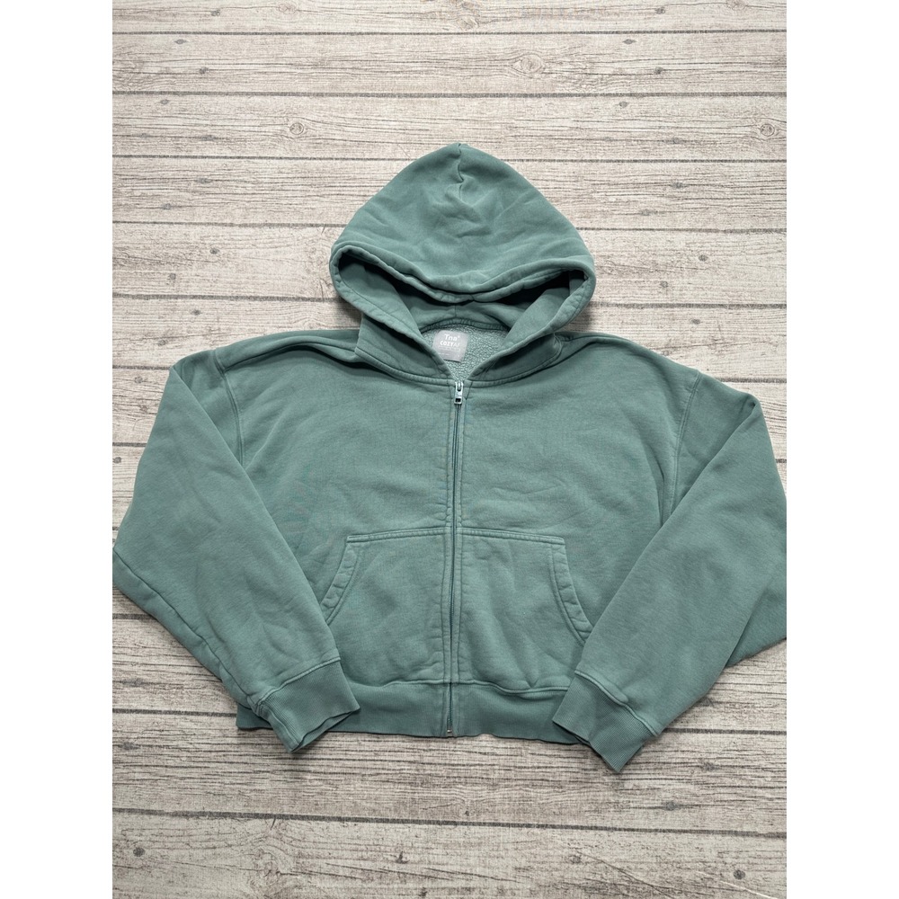 TNA Aritzia Hoodie Womens Small Sage Green Cropped Zip Up Boxy Fit CozyAF Fleece